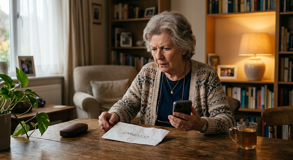 A senior woman carefully examining a suspicious letter at home before responding