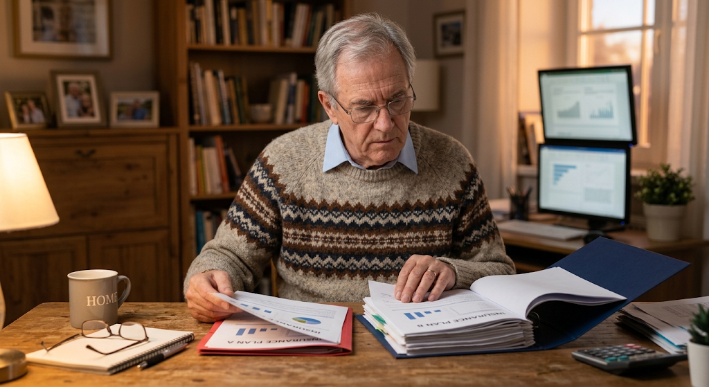 A senior man thoughtfully comparing life insurance policy documents at his home desk
