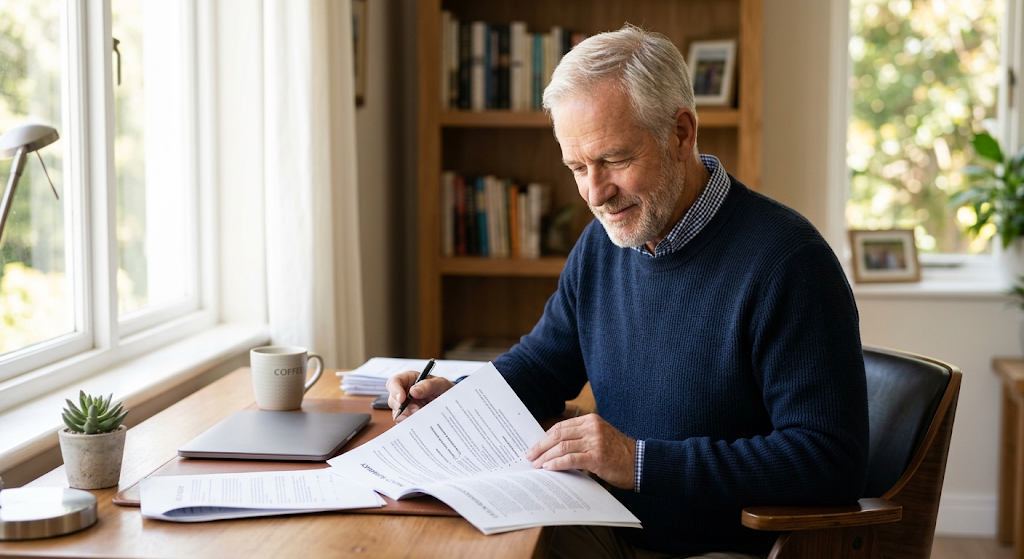 A confident senior man in his early 60s reviewing a life insurance policy document at his home desk