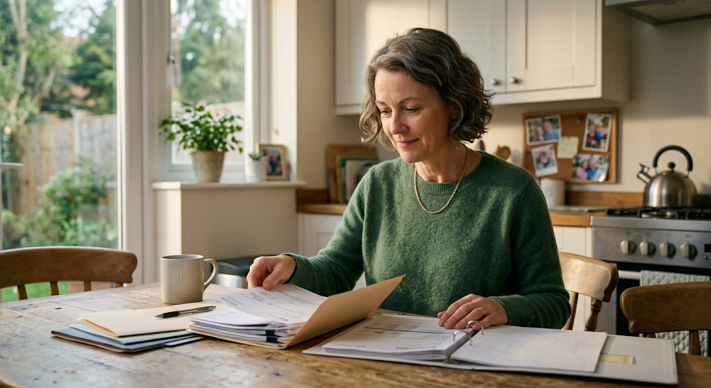 A woman calmly organizing life insurance claim paperwork and documents at her home kitchen table