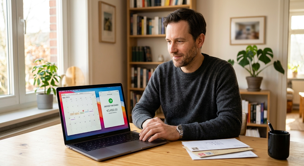 A man calmly reviewing his calendar and finances while waiting for a life insurance payout at his home desk