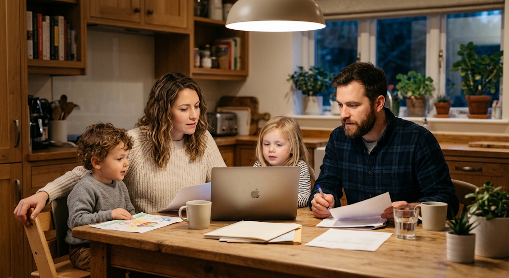 A young family sitting together at their kitchen table reviewing paperwork and a laptop while planning their life insurance coverage