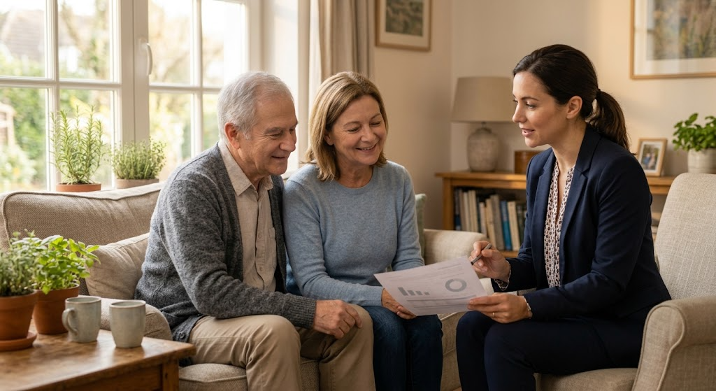 Retired couple in their late 60s talking with a financial advisor about whether they still need life insurance
