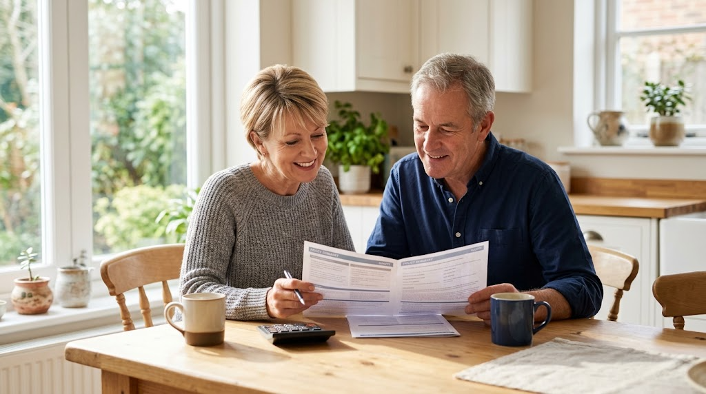 A 55-year-old couple reviewing a life insurance quote and coverage cost table together at their kitchen table