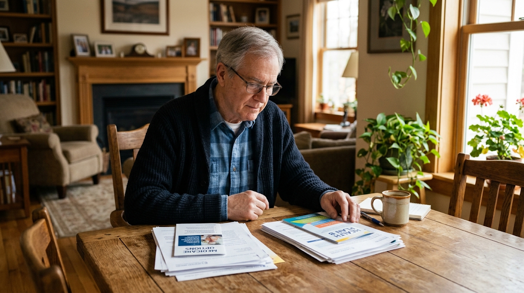 A senior man comparing two stacks of life insurance brochures at his kitchen table