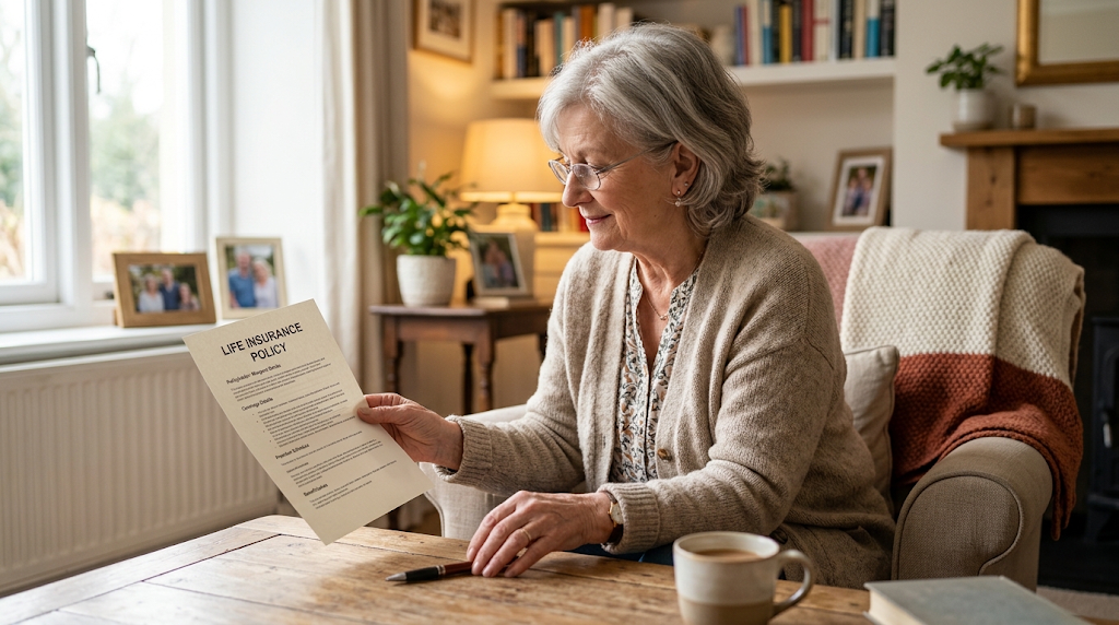 A senior woman reviewing a life insurance policy document at home