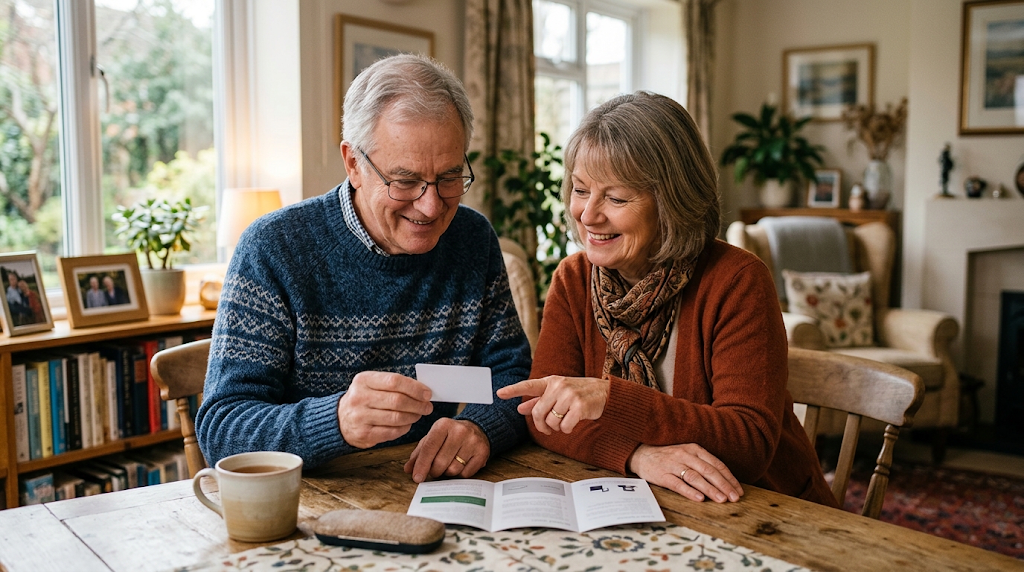 A senior couple reviewing a life insurance brochure together at home