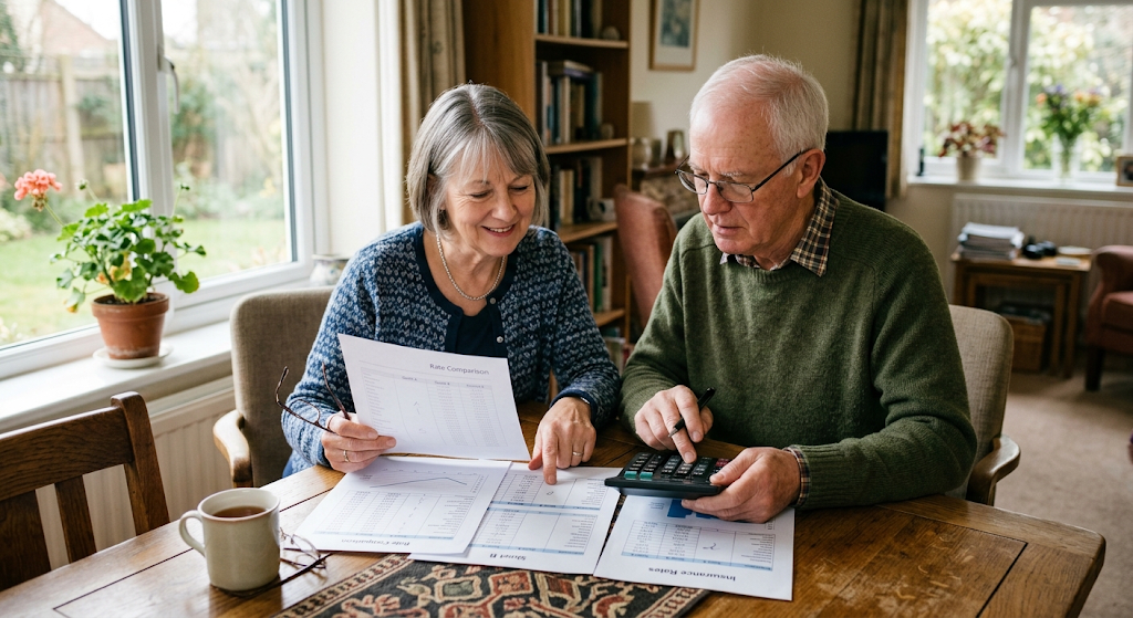 A senior couple comparing life insurance rate sheets at their kitchen table