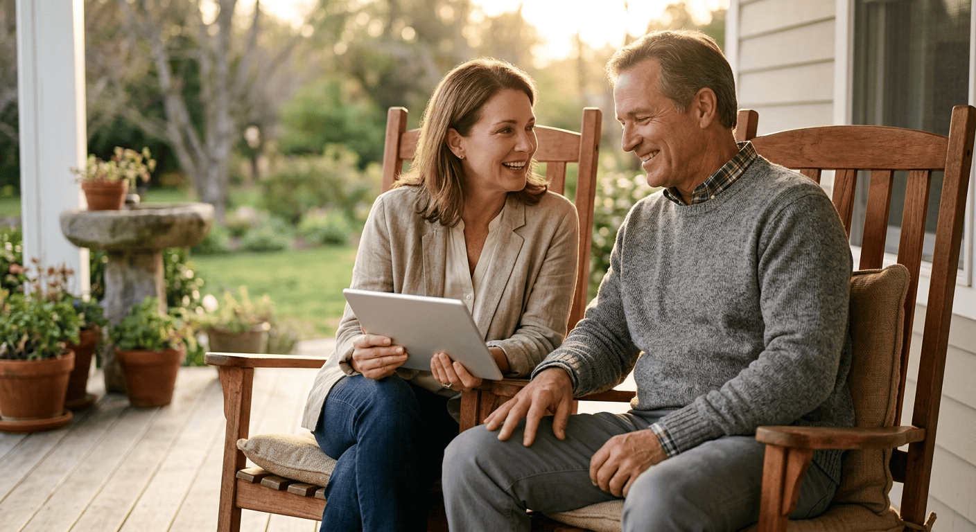Couple in their 50s discussing life insurance options together