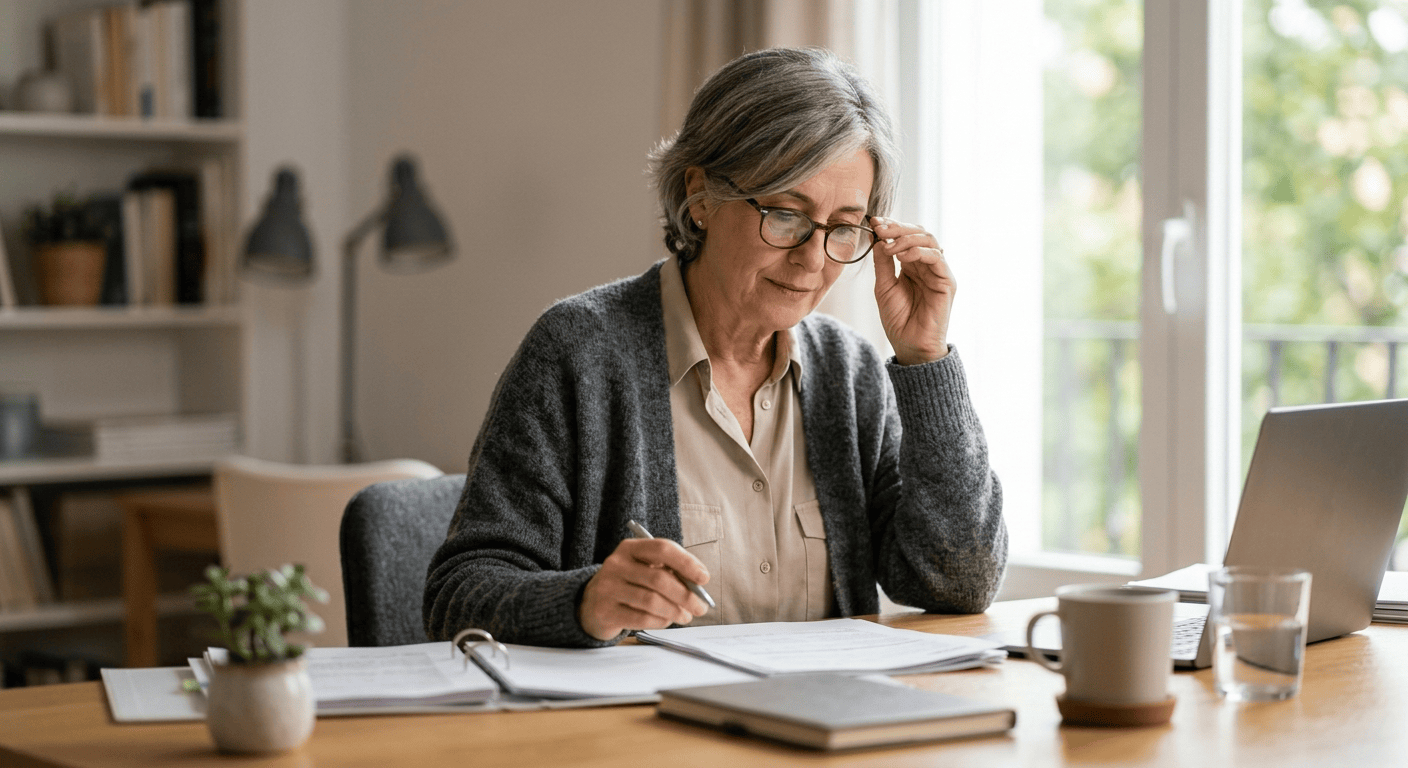 Senior woman in her 60s reviewing life insurance paperwork at home