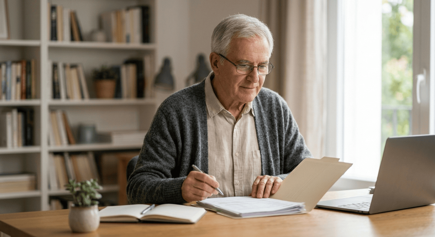 Senior man in his 70s reviewing life insurance options at home
